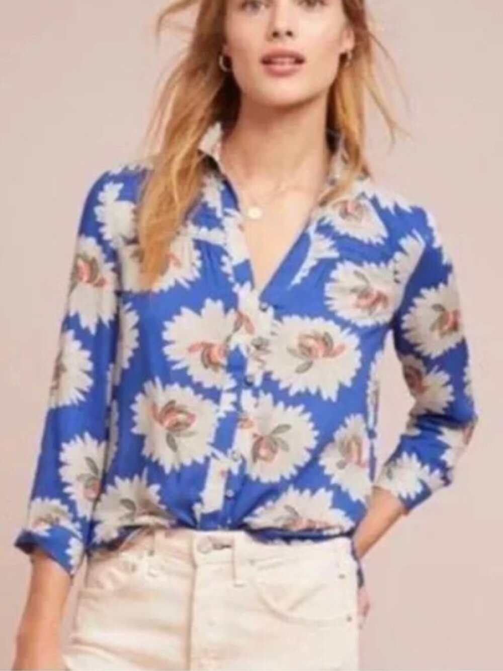 Anthropologie 14 of 52 Blouse Top Sz 14 Conversations Blue Button Floral Pintuck